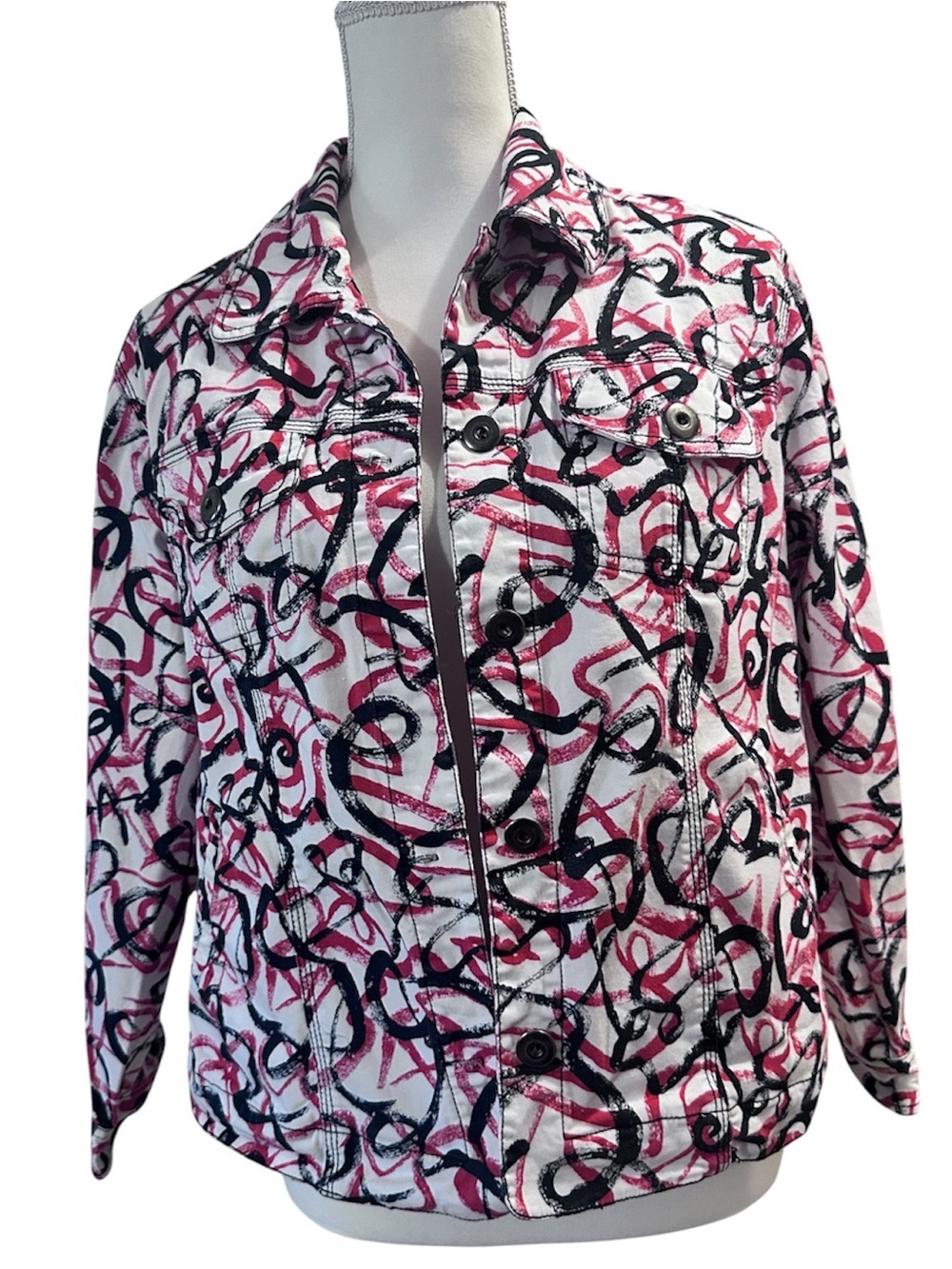 iOS women's abstract print trucker-style jacket.